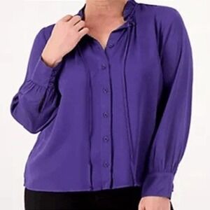 Side‎ Stitch Womens Small Button Down Ruffle Neck Billow Sleeve Blouse Sapphire